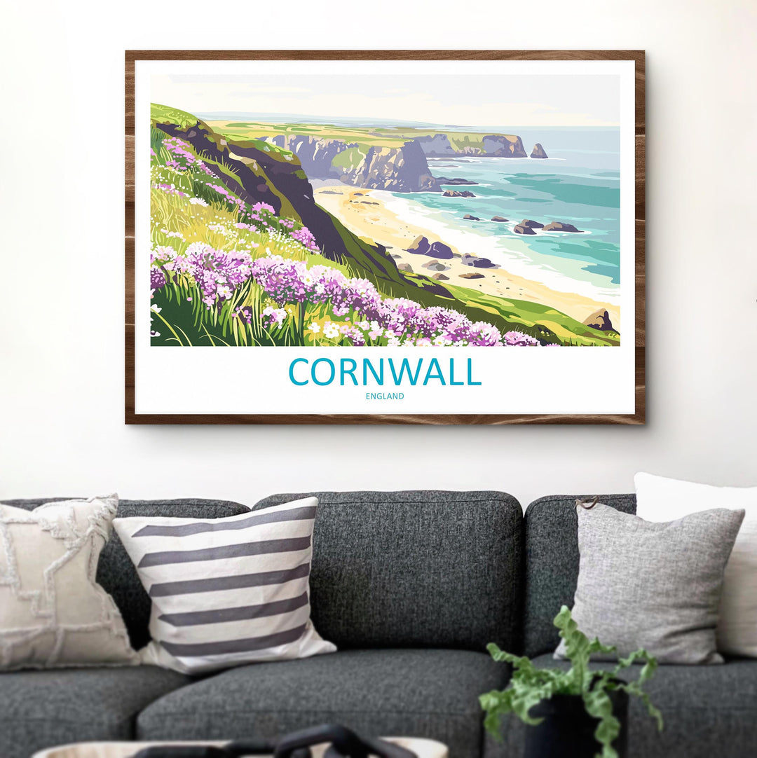 Cornwall England Landscape Travel Poster Scenic Coastline Wall Art UK Seaside Print British Beach Decor Coastal Cornwall Artwork