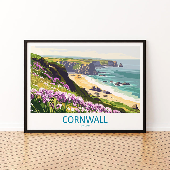 Cornwall England Landscape Travel Poster Scenic Coastline Wall Art UK Seaside Print British Beach Decor Coastal Cornwall Artwork