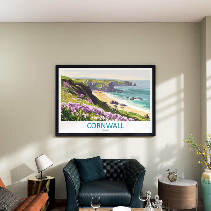 Cornwall England Landscape Travel Poster Scenic Coastline Wall Art UK Seaside Print British Beach Decor Coastal Cornwall Artwork