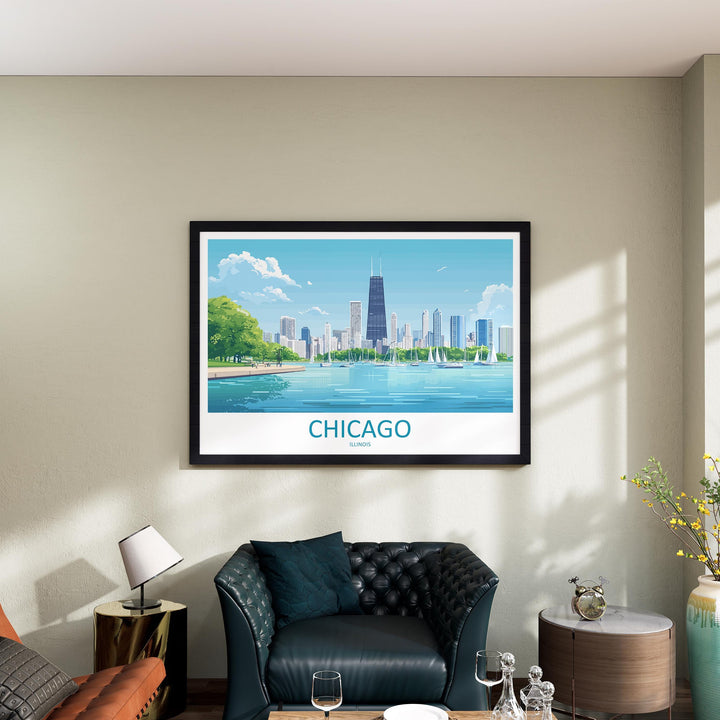 Chicago Illinois Landscape Travel Poster Scenic City Skyline Wall Art Modern Architecture Print USA Decor Chicago Urban Artwork