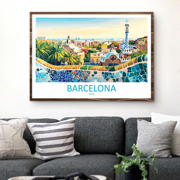Barcelona Spain Landscape Travel Poster Scenic City Wall Art Gaudi Architecture Print Europe Decor Mediterranean Barcelona Artwork