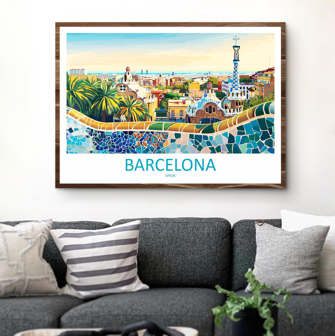 Barcelona Spain Landscape Travel Poster Scenic City Wall Art Gaudi Architecture Print Europe Decor Mediterranean Barcelona Artwork
