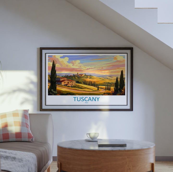 Tuscany Italy Landscape Travel Poster Scenic Countryside Wall Art Rolling Hills Architecture Print Europe Decor Tuscan Vineyard Artwork
