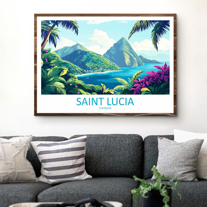 Saint Lucia Landscape Travel Poster Scenic Island Coast Wall Art Tropical Caribbean Print Pitons Mountains Decor Saint Lucia Artwork