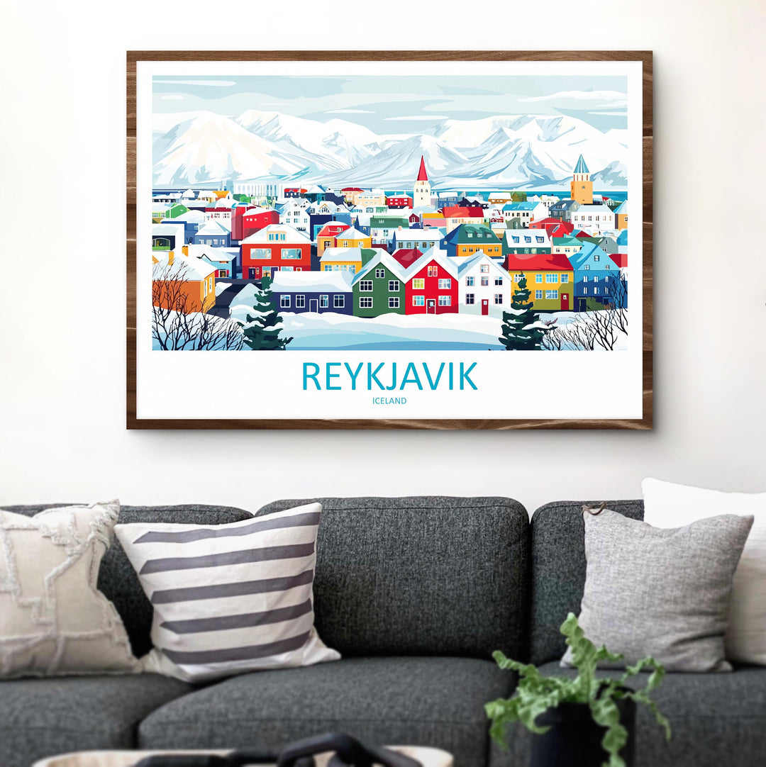 Reykjavik Iceland Landscape Travel Poster Scenic City Coast Wall Art Nordic Architecture Print Europe Decor Colorful Reykjavik Artwork