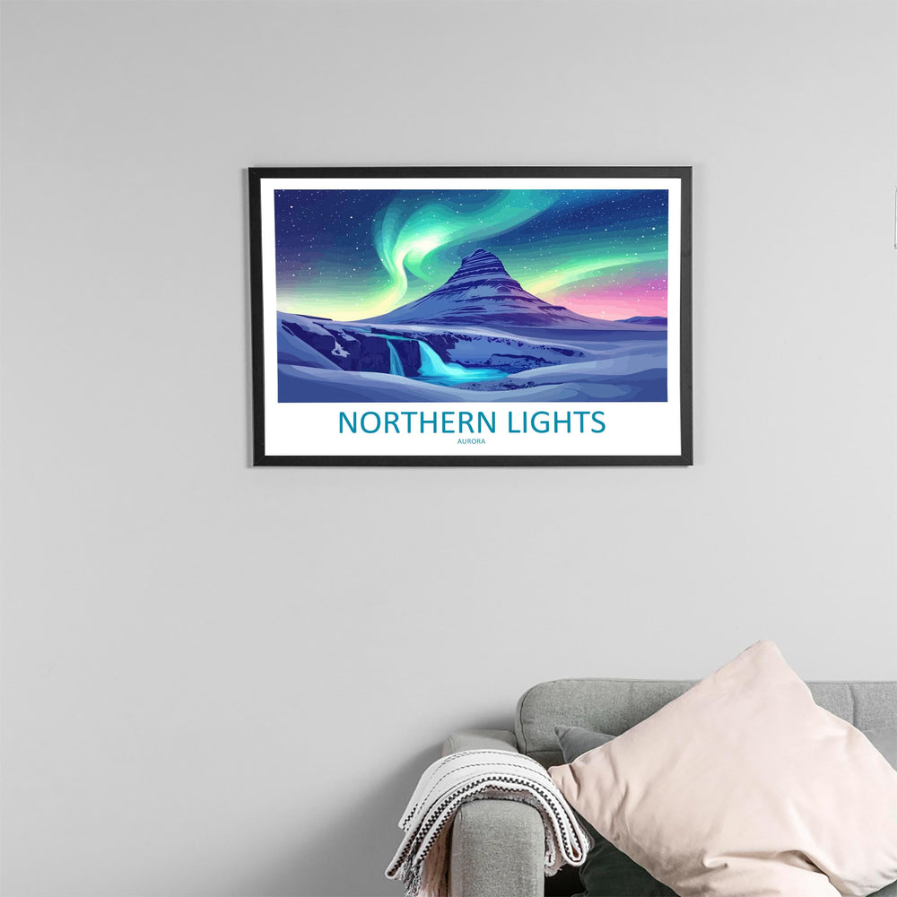 Northern Lights Landscape Travel Poster Scenic Aurora Borealis Sky Wall Art Arctic Night Print Nature Decor Vibrant Northern Lights Artwork