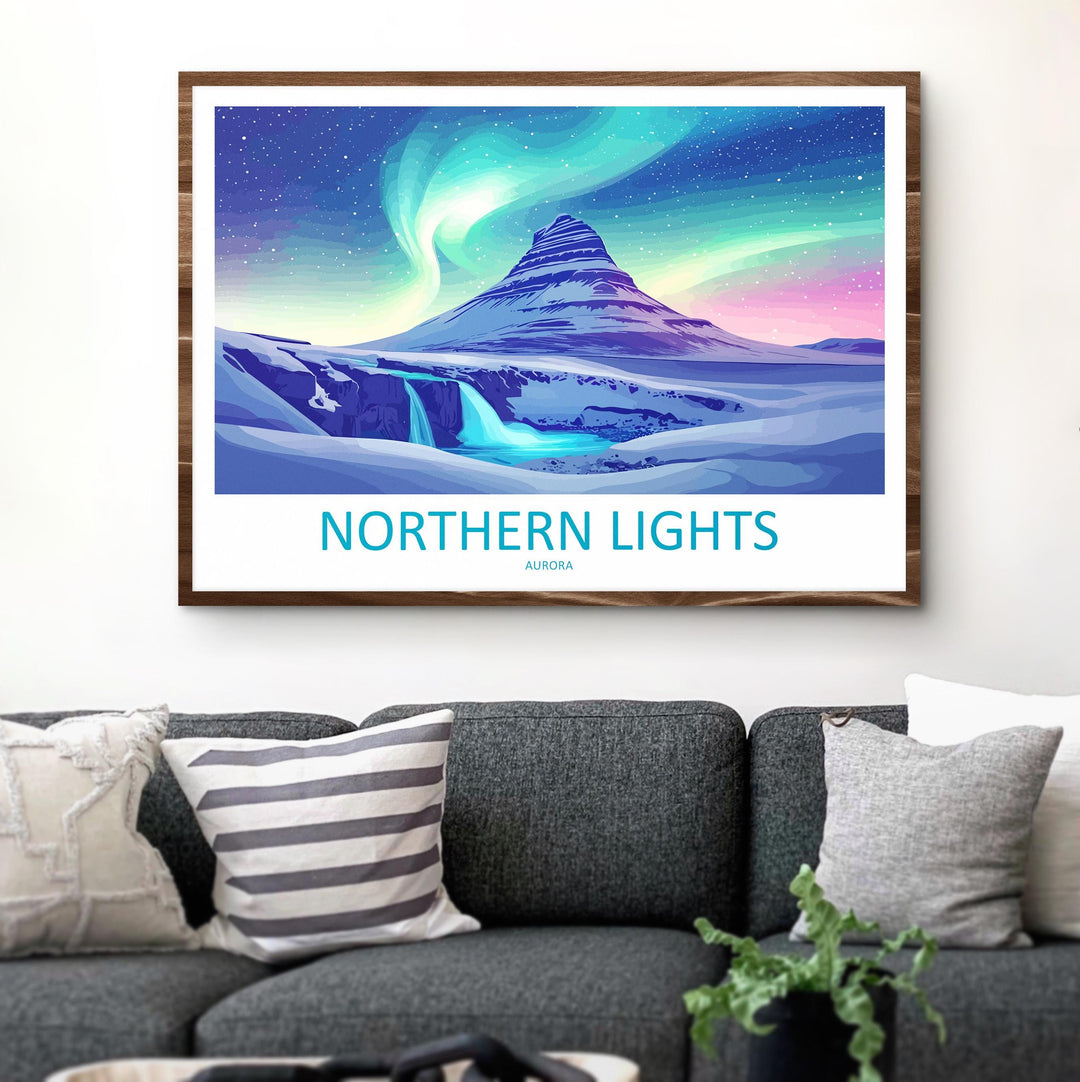 Northern Lights Landscape Travel Poster Scenic Aurora Borealis Sky Wall Art Arctic Night Print Nature Decor Vibrant Northern Lights Artwork