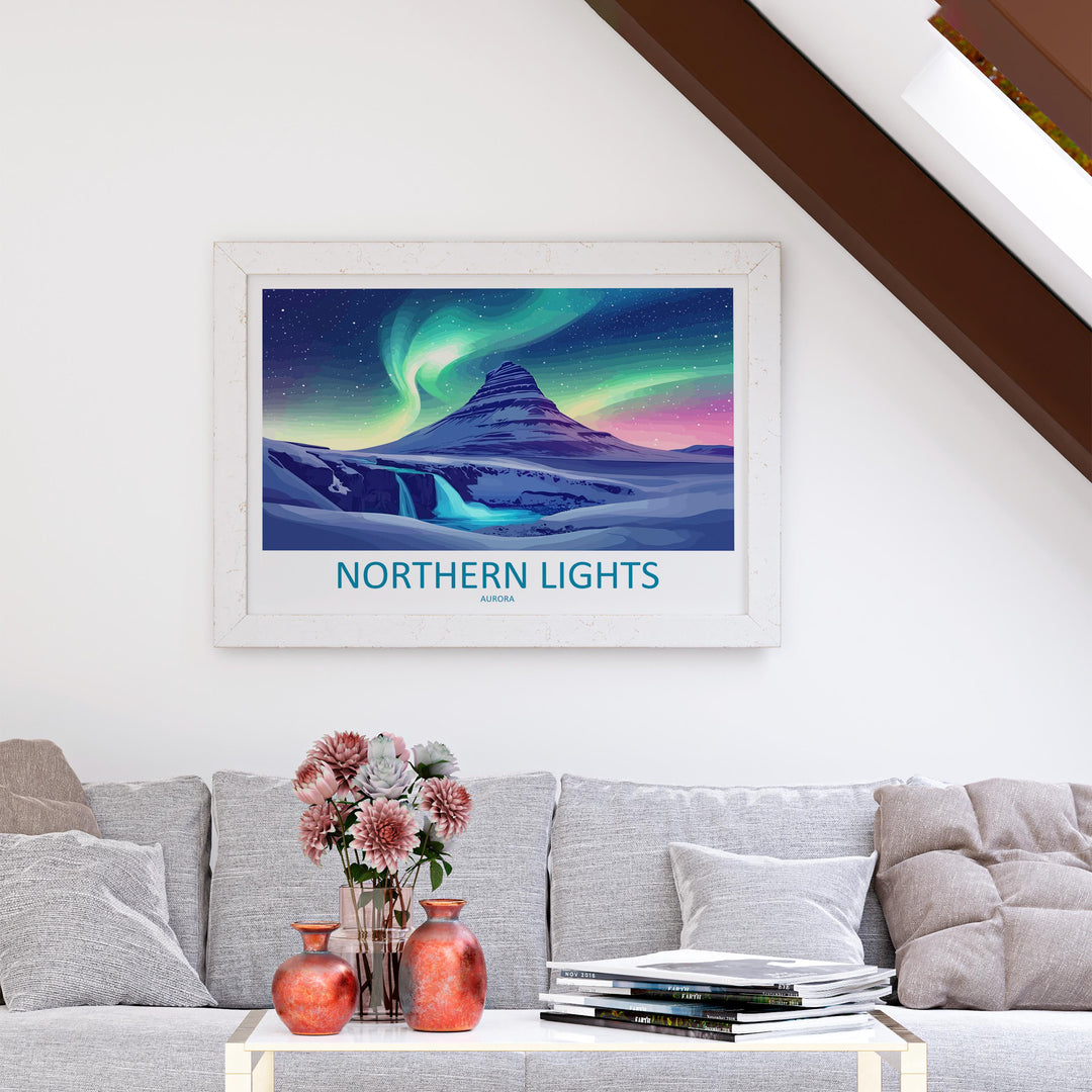 Northern Lights Landscape Travel Poster Scenic Aurora Borealis Sky Wall Art Arctic Night Print Nature Decor Vibrant Northern Lights Artwork
