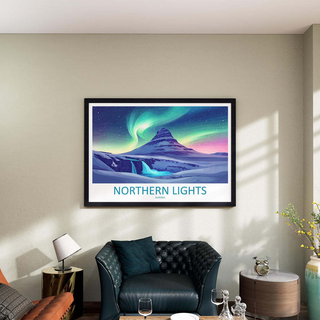 Northern Lights Landscape Travel Poster Scenic Aurora Borealis Sky Wall Art Arctic Night Print Nature Decor Vibrant Northern Lights Artwork