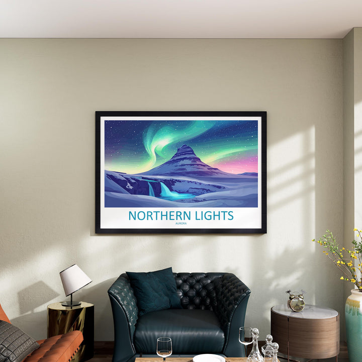 Northern Lights Landscape Travel Poster Scenic Aurora Borealis Sky Wall Art Arctic Night Print Nature Decor Vibrant Northern Lights Artwork