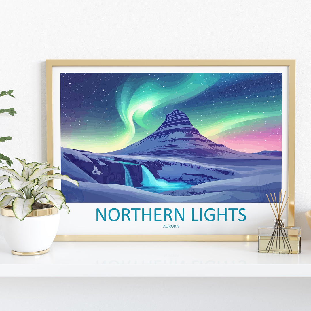 Northern Lights Landscape Travel Poster Scenic Aurora Borealis Sky Wall Art Arctic Night Print Nature Decor Vibrant Northern Lights Artwork