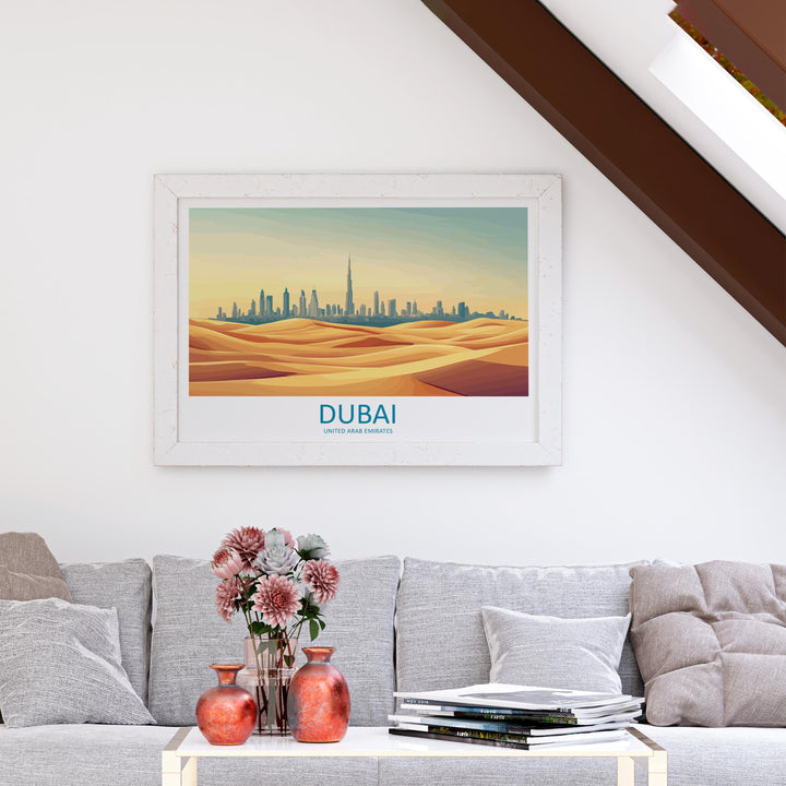 Dubai UAE Landscape Travel Poster Scenic City Skyline Wall Art Modern Architecture Print Middle East Decor Futuristic Dubai Artwork