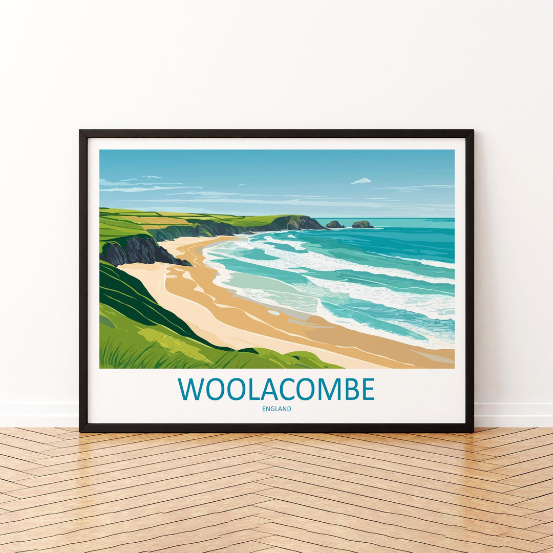 Woolacombe England Landscape Travel Poster Scenic Beach Coastline Wall Art Devon Seaside Print UK Decor Woolacombe Beach Artwork