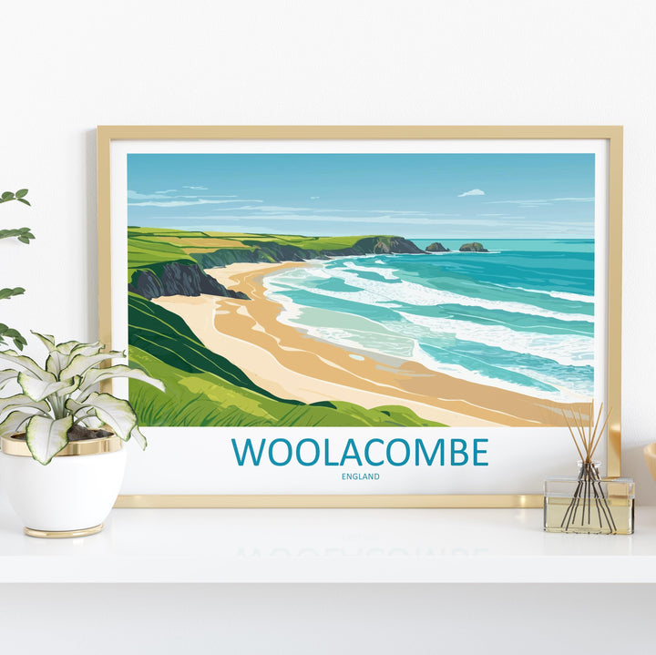 Woolacombe England Landscape Travel Poster Scenic Beach Coastline Wall Art Devon Seaside Print UK Decor Woolacombe Beach Artwork