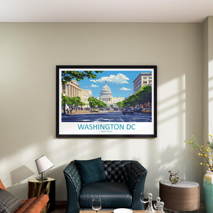 Washington DC USA Landscape Travel Poster Scenic City Monuments Wall Art Capitol Architecture Print American Decor Washington DC Artwork