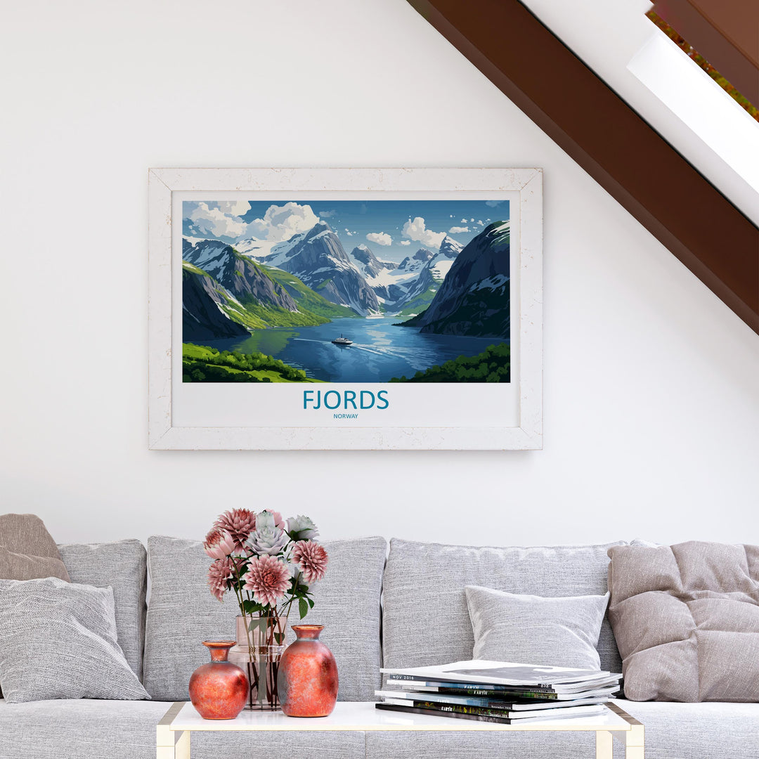 Fjords Norway Landscape Travel Poster Scenic Nordic Mountains Wall Art Majestic Waterways Print Europe Decor Stunning Fjords Artwork