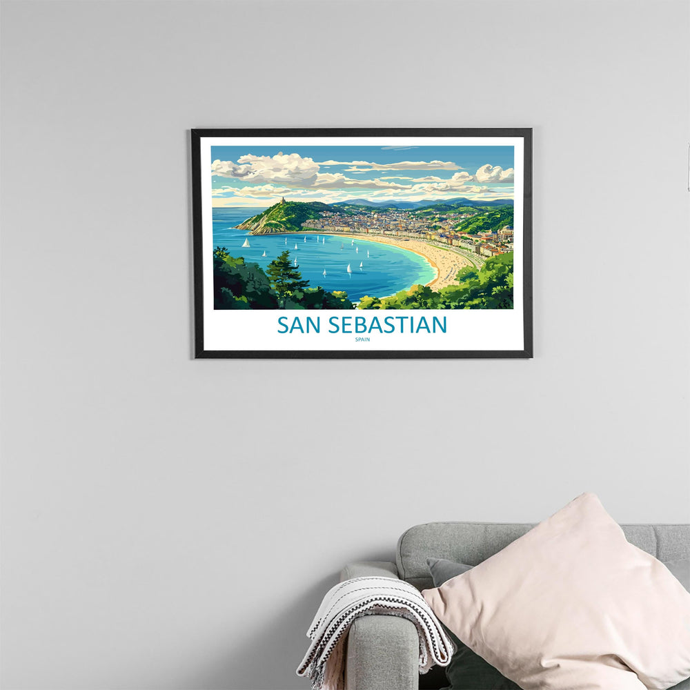 San Sebastian Spain Landscape Travel Poster Scenic Bay Coastline Wall Art Basque Beach Print Europe Decor La Concha San Sebastian Artwork