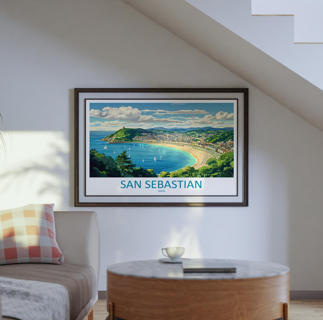 San Sebastian Spain Landscape Travel Poster Scenic Bay Coastline Wall Art Basque Beach Print Europe Decor La Concha San Sebastian Artwork