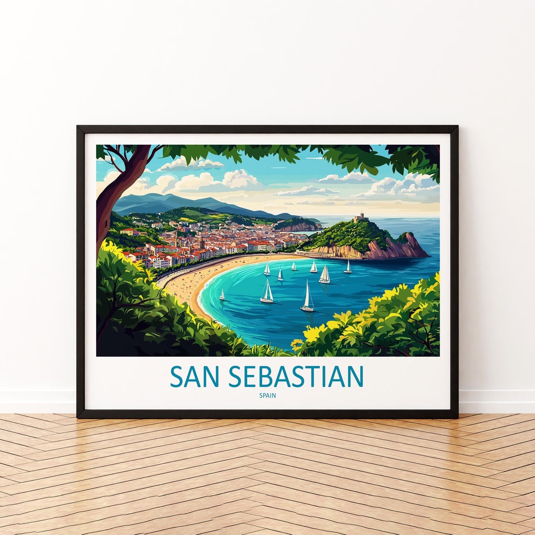 San Sebastian Spain Landscape Travel Poster Scenic Bay Coastline Wall Art Basque Beach Print Europe Decor La Concha San Sebastian Artwork