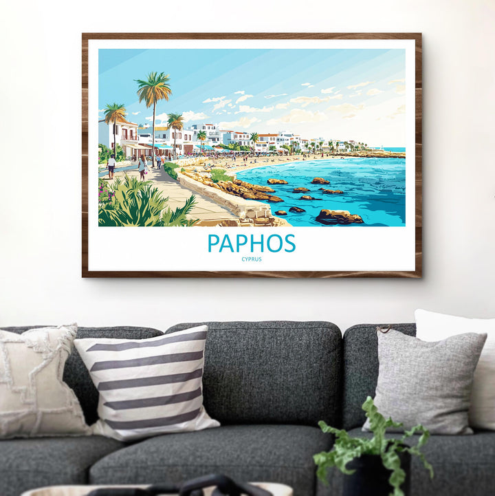 Paphos Cyprus Landscape Travel Poster Scenic Mediterranean Coastline Wall Art Ancient Ruins Print Europe Decor Beautiful Paphos Artwork