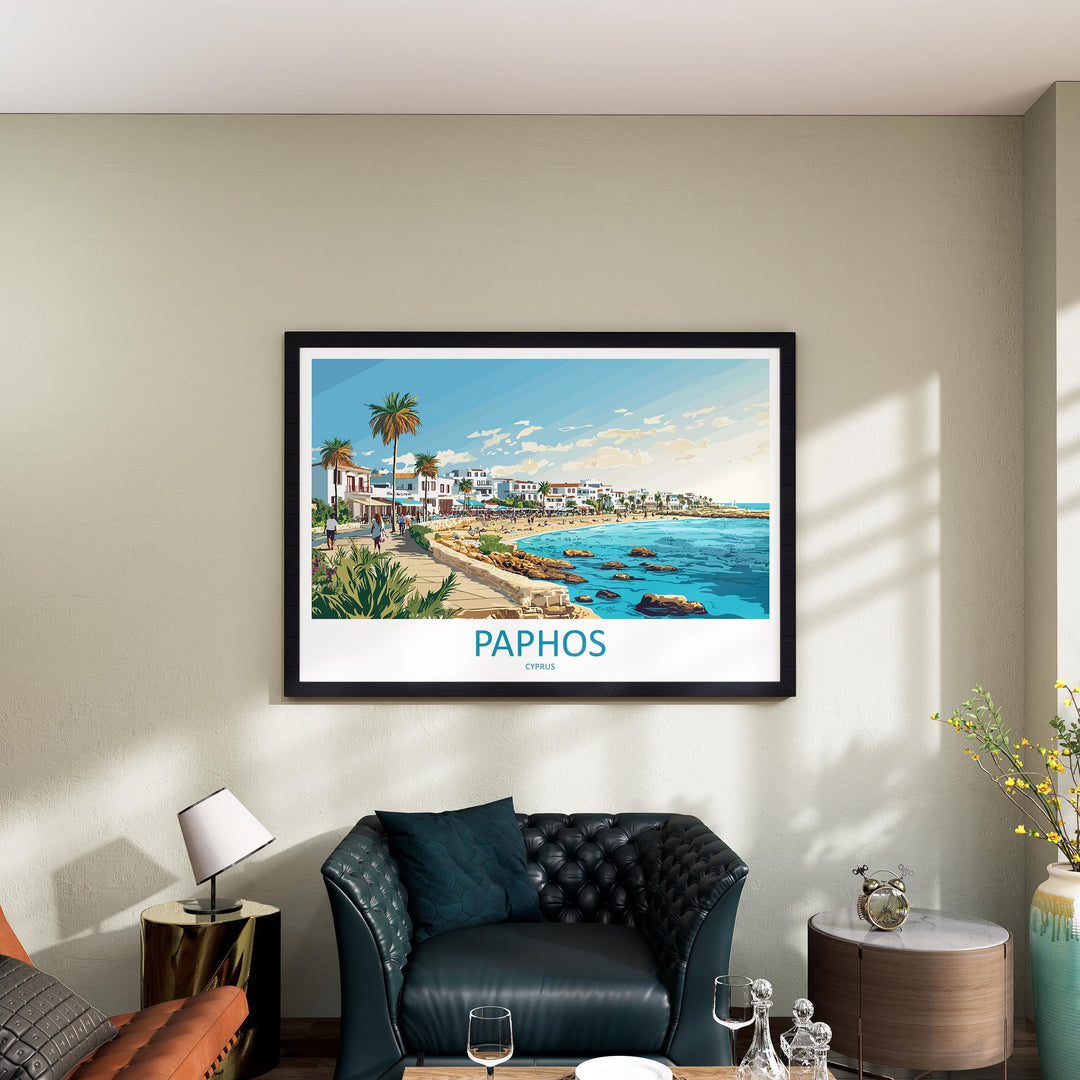 Paphos Cyprus Landscape Travel Poster Scenic Mediterranean Coastline Wall Art Ancient Ruins Print Europe Decor Beautiful Paphos Artwork