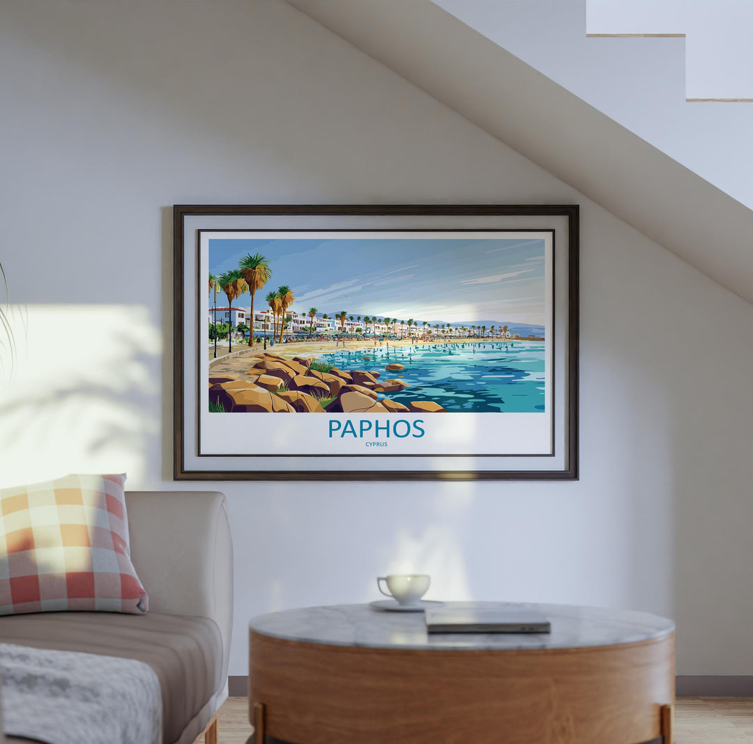 Paphos Cyprus Landscape Travel Poster Scenic Mediterranean Coastline Wall Art Ancient Ruins Print Europe Decor Beautiful Paphos Artwork