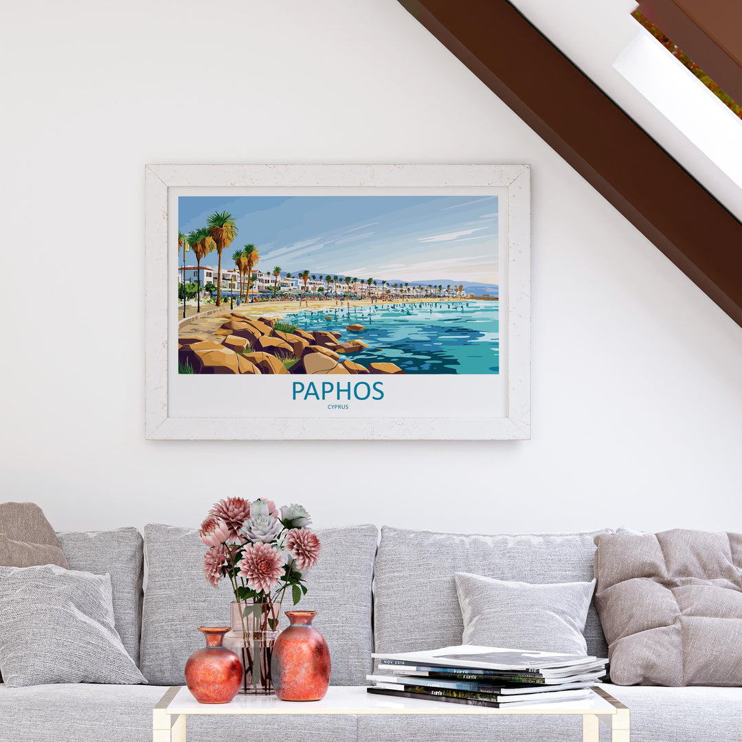 Paphos Cyprus Landscape Travel Poster Scenic Mediterranean Coastline Wall Art Ancient Ruins Print Europe Decor Beautiful Paphos Artwork