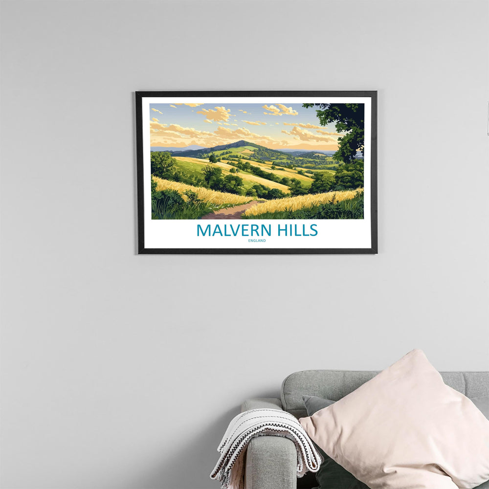 Malvern Hills England Landscape Travel Poster Scenic Countryside Wall Art Rolling Hills Print UK Nature Decor Malvern Hills Artwork