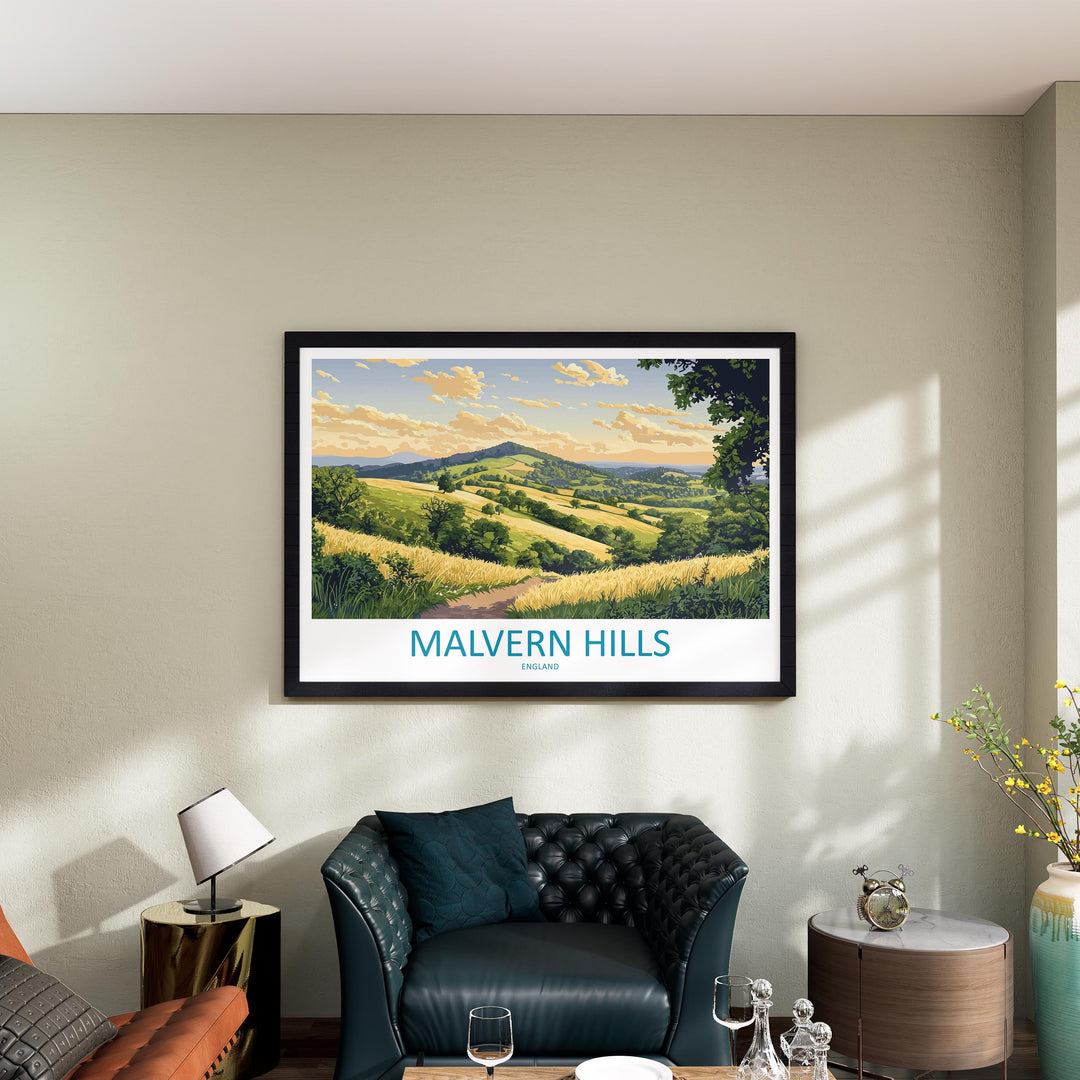 Malvern Hills England Landscape Travel Poster Scenic Countryside Wall Art Rolling Hills Print UK Nature Decor Malvern Hills Artwork