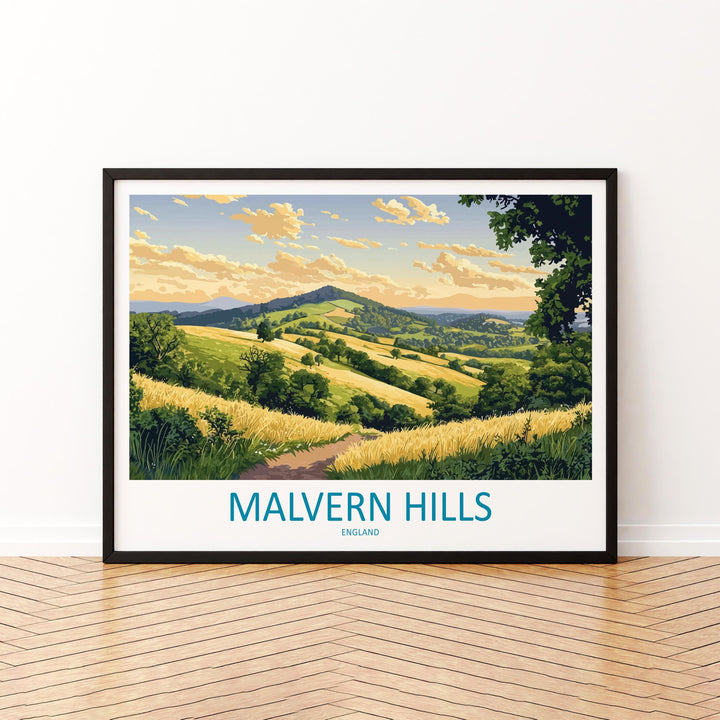 Malvern Hills England Landscape Travel Poster Scenic Countryside Wall Art Rolling Hills Print UK Nature Decor Malvern Hills Artwork