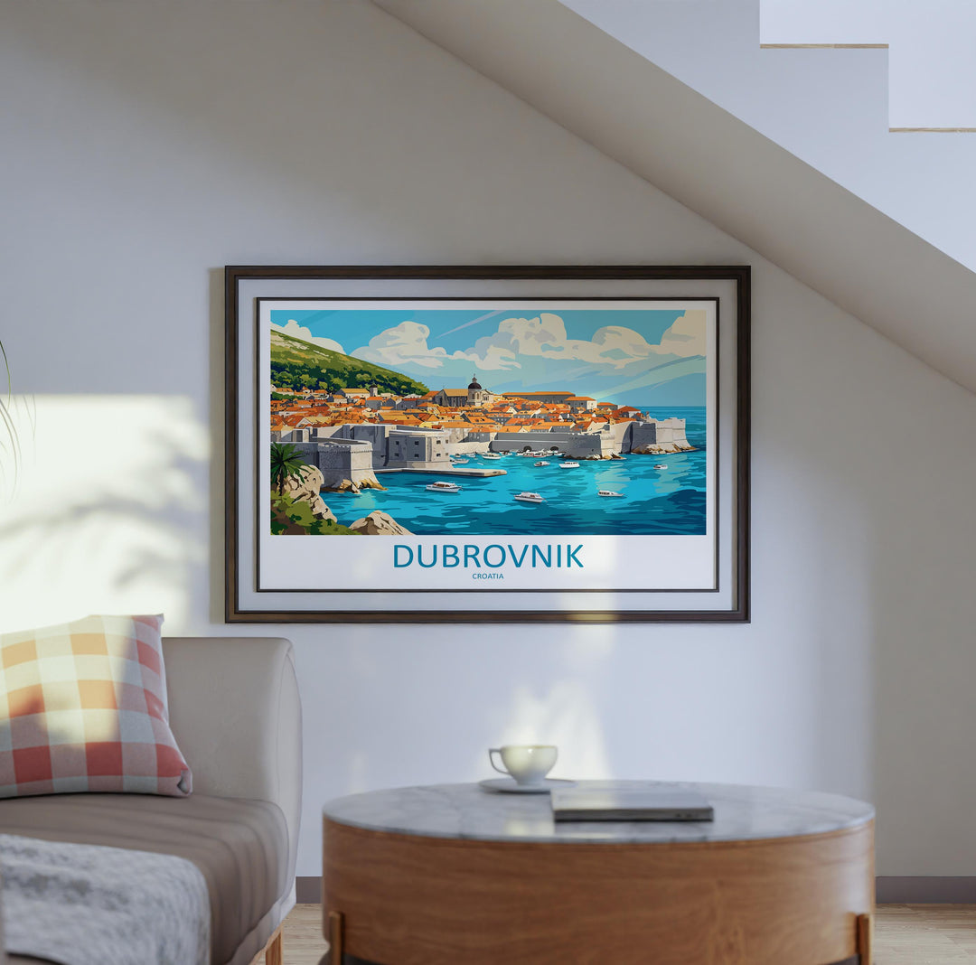 Dubrovnik Croatia Landscape Travel Poster Scenic Old Town Coastline Wall Art Medieval Walls Print Europe Decor Dubrovnik Artwork