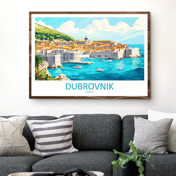 Dubrovnik Croatia Landscape Travel Poster Scenic Old Town Coastline Wall Art Medieval Walls Print Europe Decor Dubrovnik Artwork