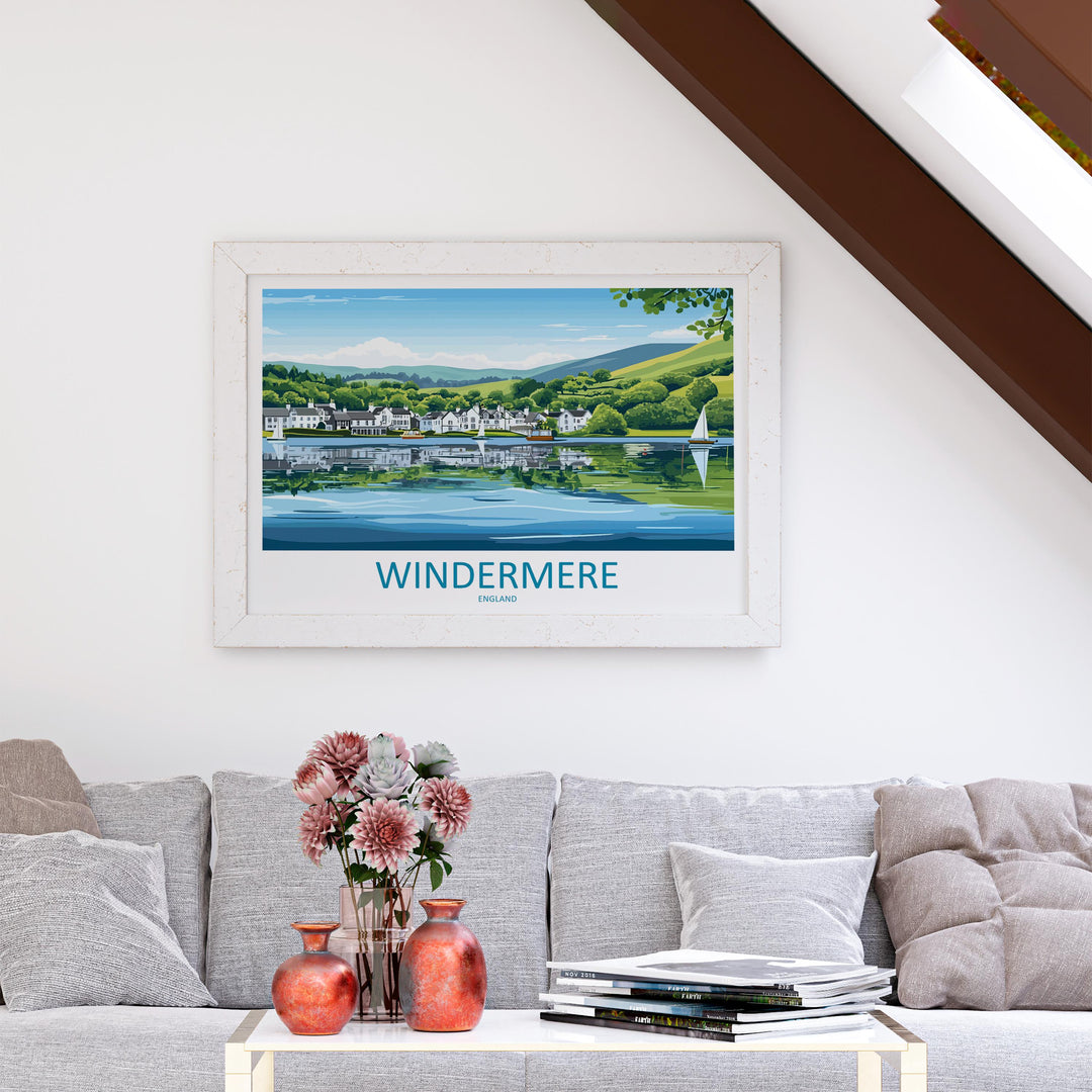 Windermere England Landscape Travel Poster Scenic Lake District Wall Art Serene Waterfront Print UK Nature Decor Windermere Artwork