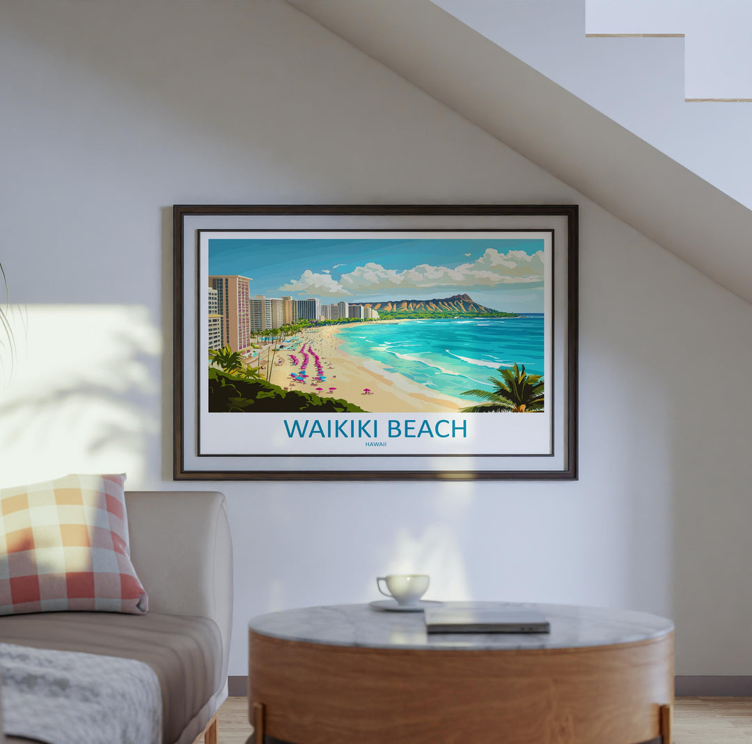 Waikiki Beach Hawaii Landscape Travel Poster Scenic Tropical Coastline Wall Art Honolulu Skyline Print USA Decor Waikiki Beach Artwork
