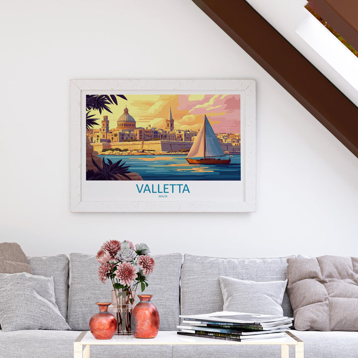 Valletta Malta Landscape Travel Poster Scenic Mediterranean City Wall Art Historic Harbor Print Europe Decor Beautiful Valletta Artwork