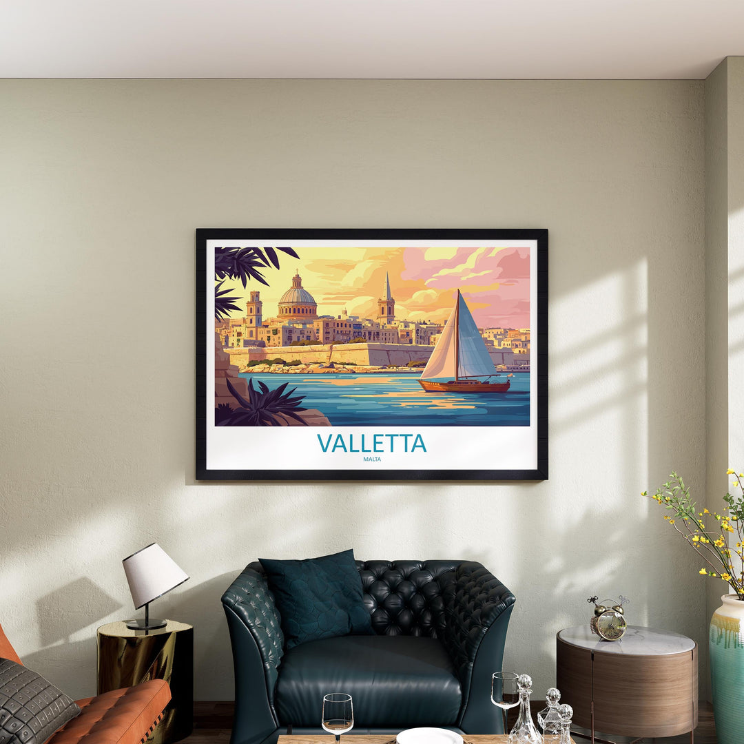 Valletta Malta Landscape Travel Poster Scenic Mediterranean City Wall Art Historic Harbor Print Europe Decor Beautiful Valletta Artwork