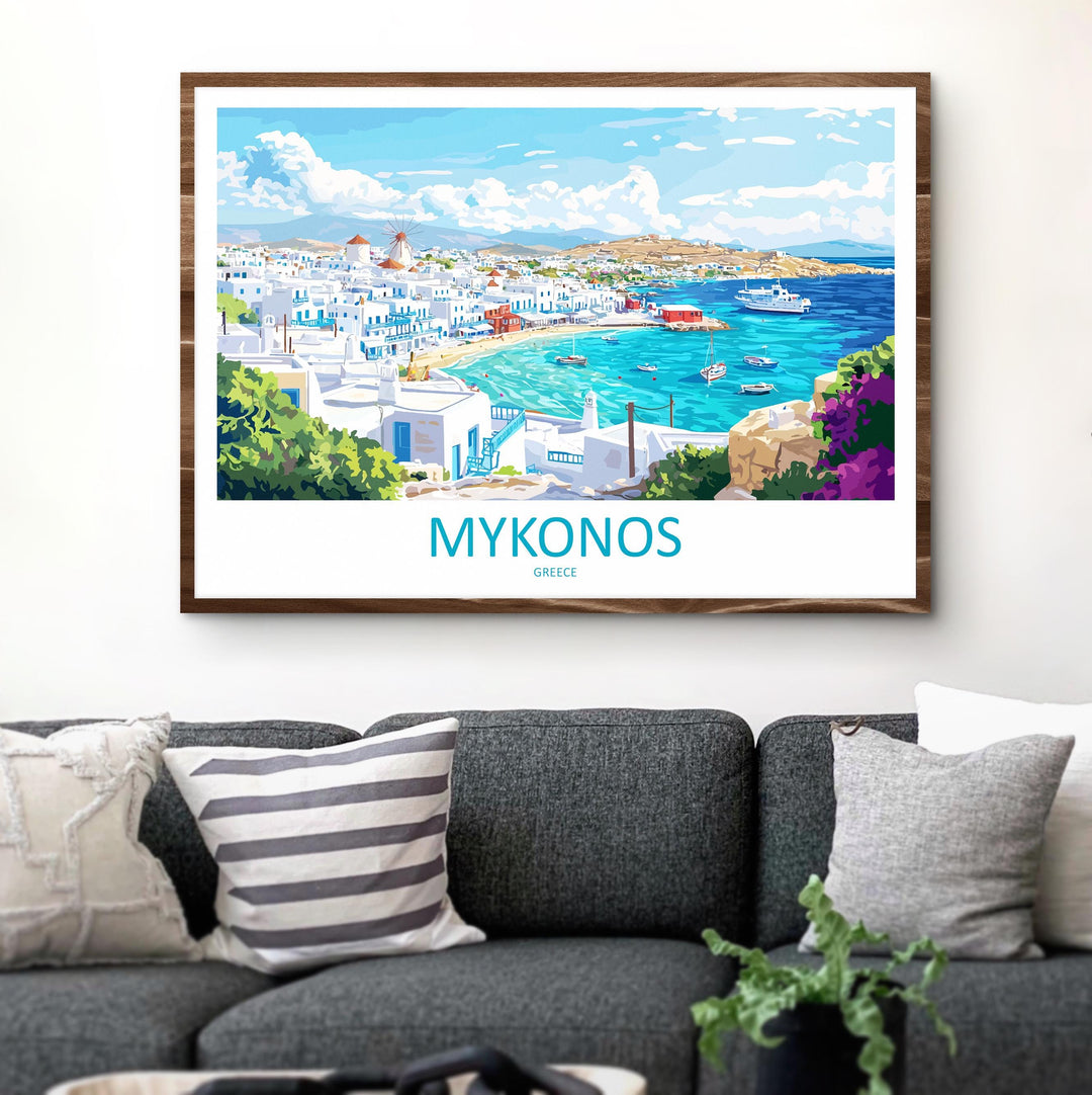 Mykonos Greece Landscape Travel Poster Scenic Island Coastline Wall Art Whitewashed Houses Print Europe Decor Beautiful Mykonos Artwork