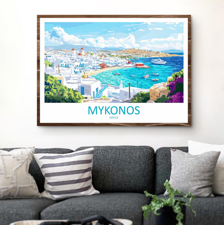 Mykonos Greece Landscape Travel Poster Scenic Island Coastline Wall Art Whitewashed Houses Print Europe Decor Beautiful Mykonos Artwork