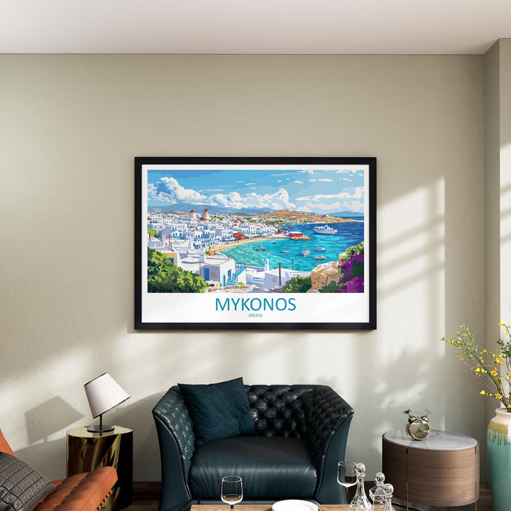 Mykonos Greece Landscape Travel Poster Scenic Island Coastline Wall Art Whitewashed Houses Print Europe Decor Beautiful Mykonos Artwork
