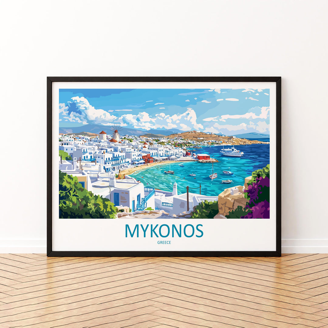 Mykonos Greece Landscape Travel Poster Scenic Island Coastline Wall Art Whitewashed Houses Print Europe Decor Beautiful Mykonos Artwork