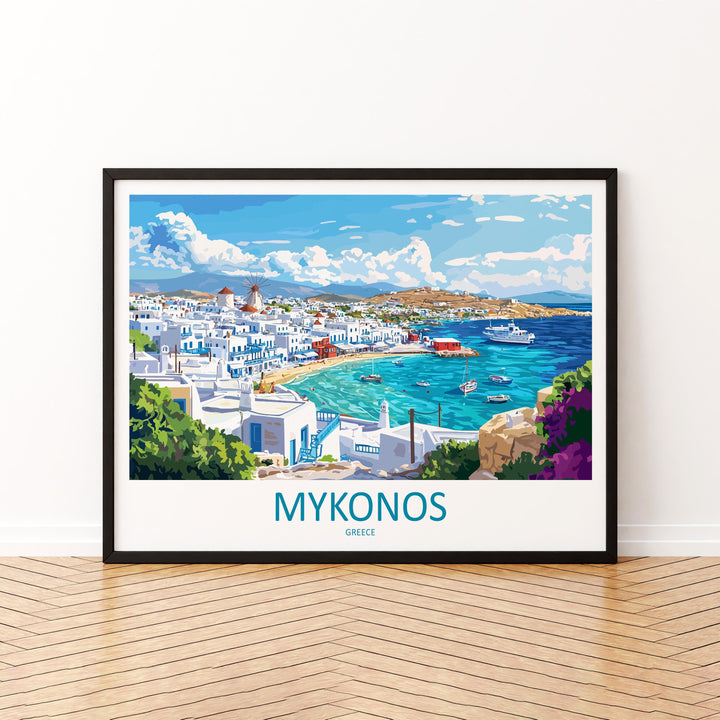 Mykonos Greece Landscape Travel Poster Scenic Island Coastline Wall Art Whitewashed Houses Print Europe Decor Beautiful Mykonos Artwork