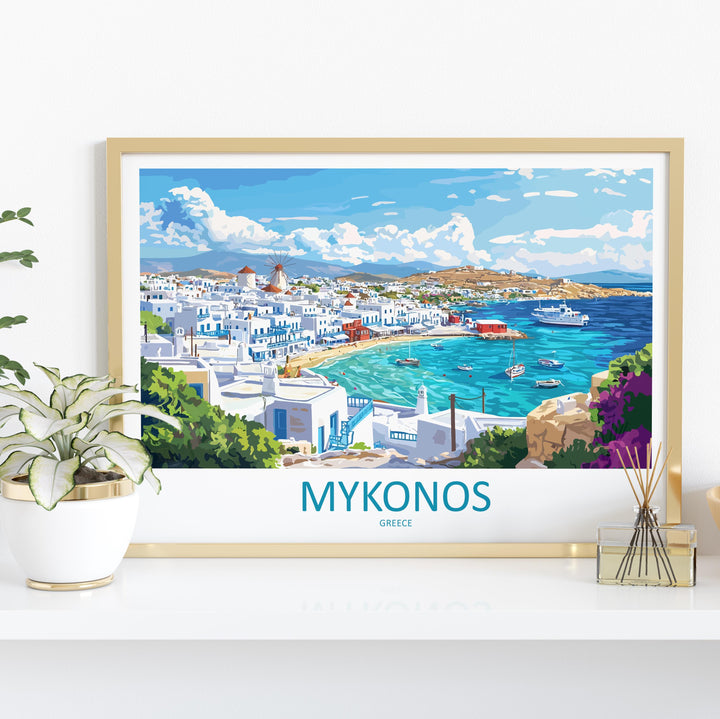 Mykonos Greece Landscape Travel Poster Scenic Island Coastline Wall Art Whitewashed Houses Print Europe Decor Beautiful Mykonos Artwork