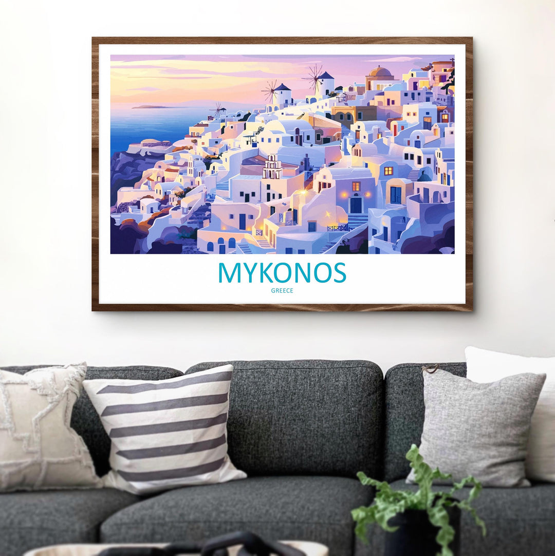 Mykonos Greece Landscape Travel Poster Scenic Island Coastline Wall Art Whitewashed Houses Print Europe Decor Beautiful Mykonos Artwork