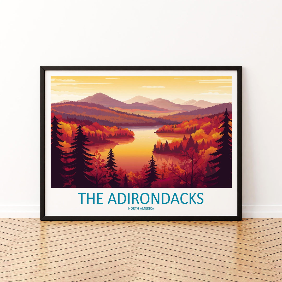 The Adirondacks USA Landscape Travel Poster Scenic Mountain Wilderness Wall Art Forest Lakes Print Nature Decor Adirondack Mountains Artwork