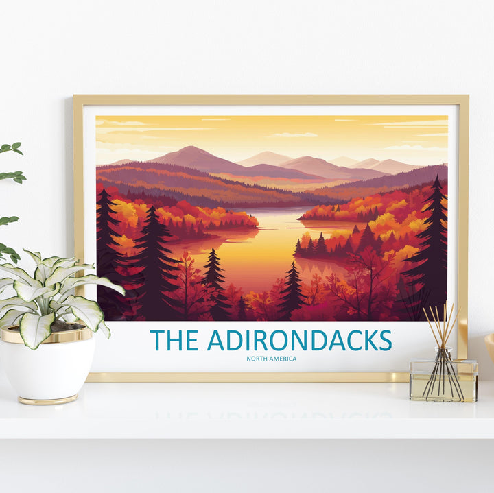 The Adirondacks USA Landscape Travel Poster Scenic Mountain Wilderness Wall Art Forest Lakes Print Nature Decor Adirondack Mountains Artwork