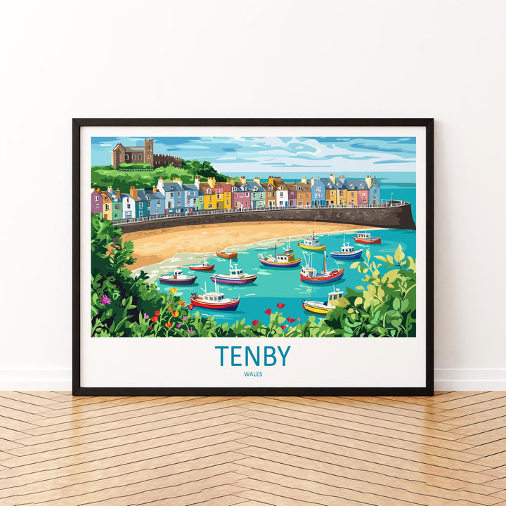 Tenby Wales Landscape Travel Poster Scenic Harbour Coastline Wall Art Colorful Seaside Print UK Decor Beautiful Tenby Artwork