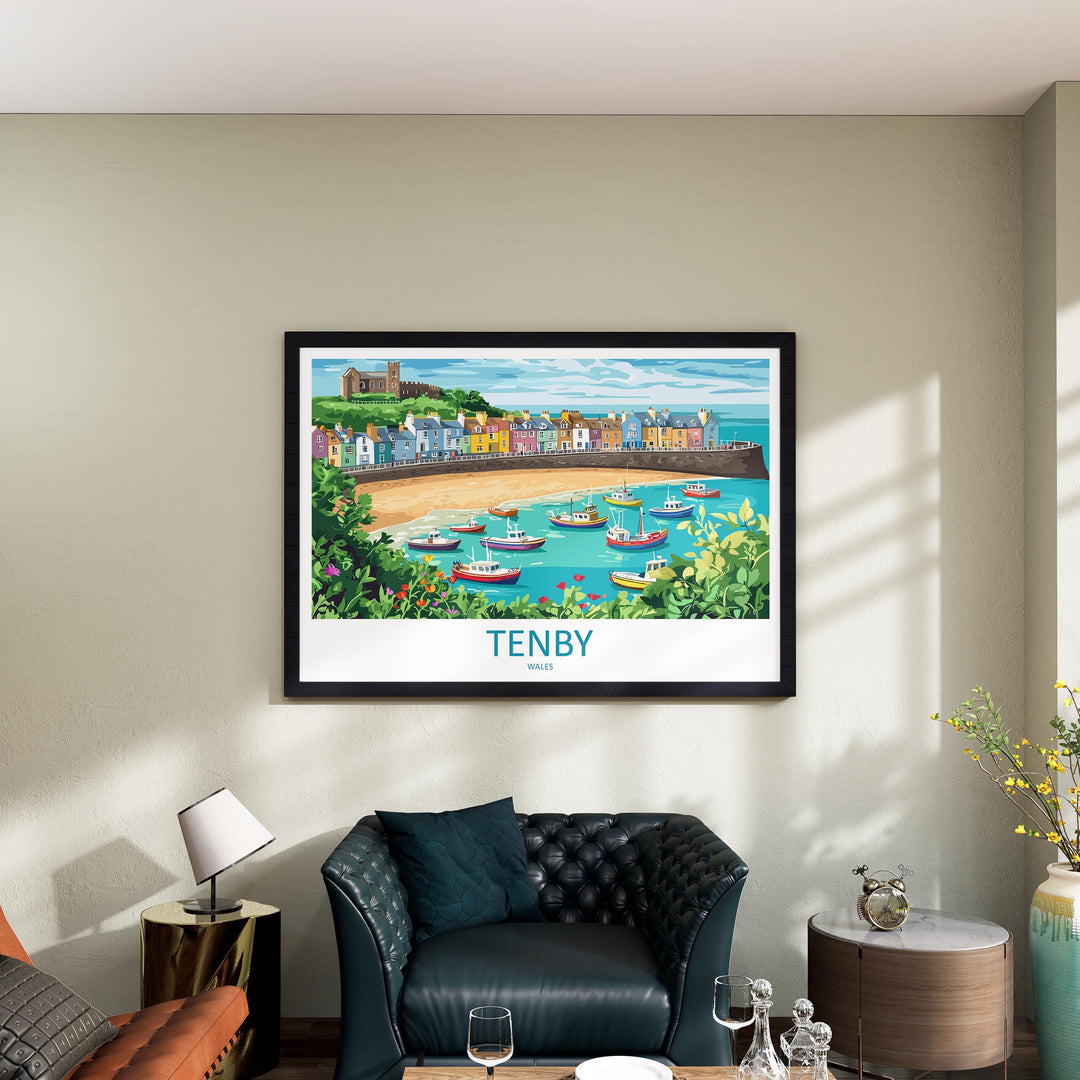 Tenby Wales Landscape Travel Poster Scenic Harbour Coastline Wall Art Colorful Seaside Print UK Decor Beautiful Tenby Artwork