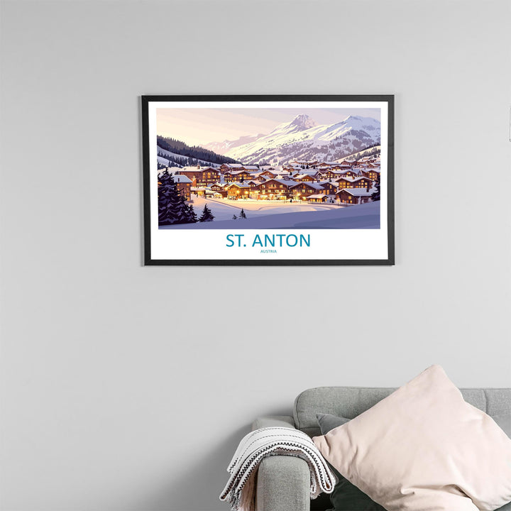 St Anton Austria Landscape Travel Poster Scenic Alpine Ski Resort Wall Art Snowy Mountains Print Europe Decor Beautiful St Anton Artwork