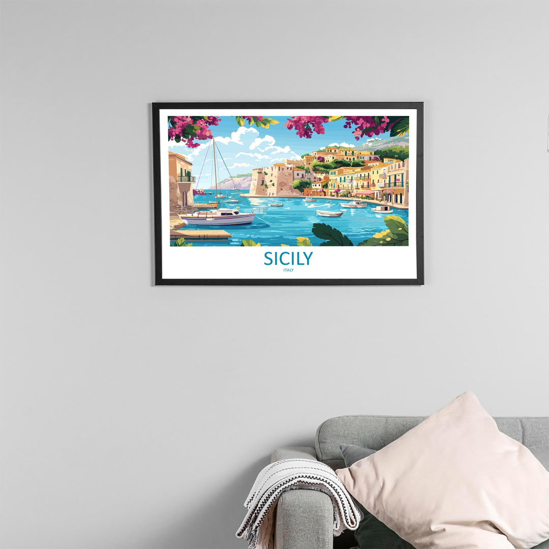 Sicily Italy Landscape Travel Poster Scenic Island Coastline Wall Art Mediterranean Towns Print Europe Decor Beautiful Sicily Artwork