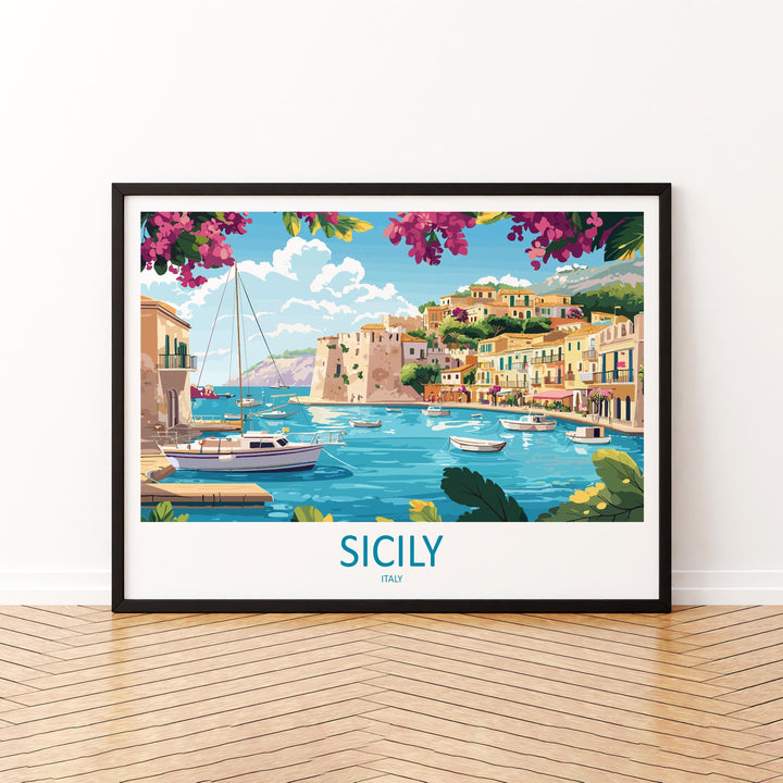 Sicily Italy Landscape Travel Poster Scenic Island Coastline Wall Art Mediterranean Towns Print Europe Decor Beautiful Sicily Artwork